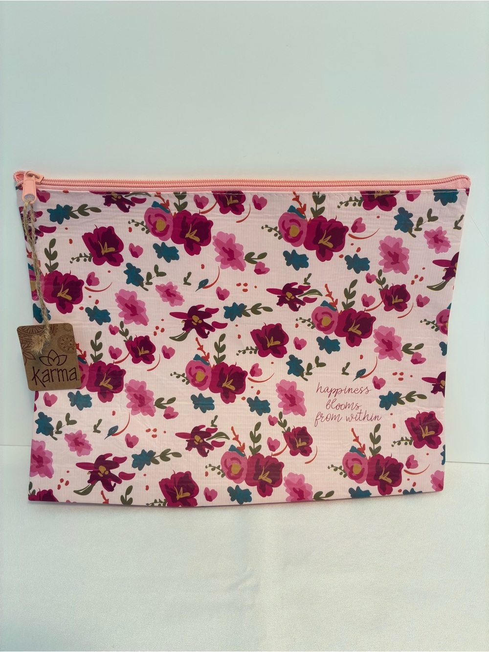 Karma Pink Floral Zip Pouch "Happiness Blooms From Within" New With Tag